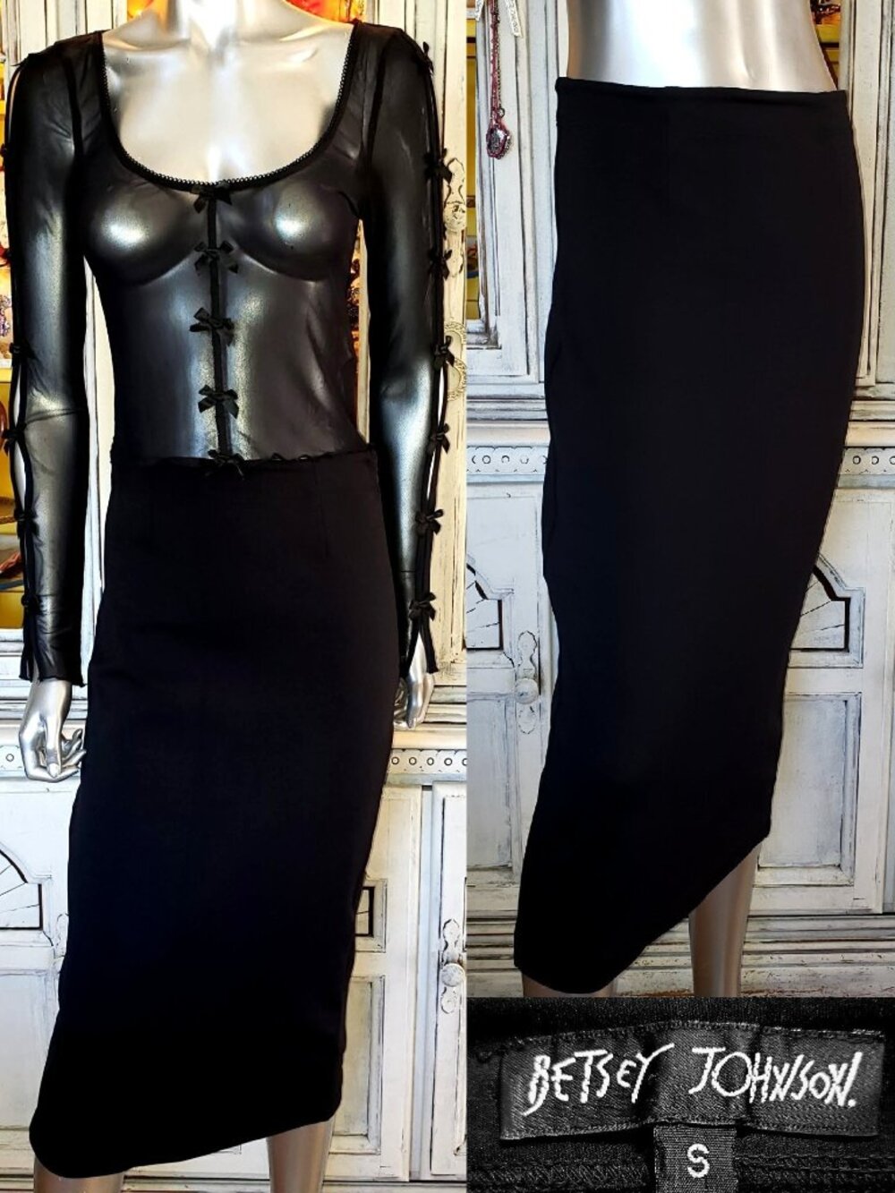 Betsey Johnson Vintage 90s Black Classic Long Stretch Scuba Midi Dress Skirt S